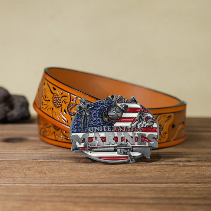 Cinturón de cuero con hebilla de marines estadounidenses para hombre, hecho a mano