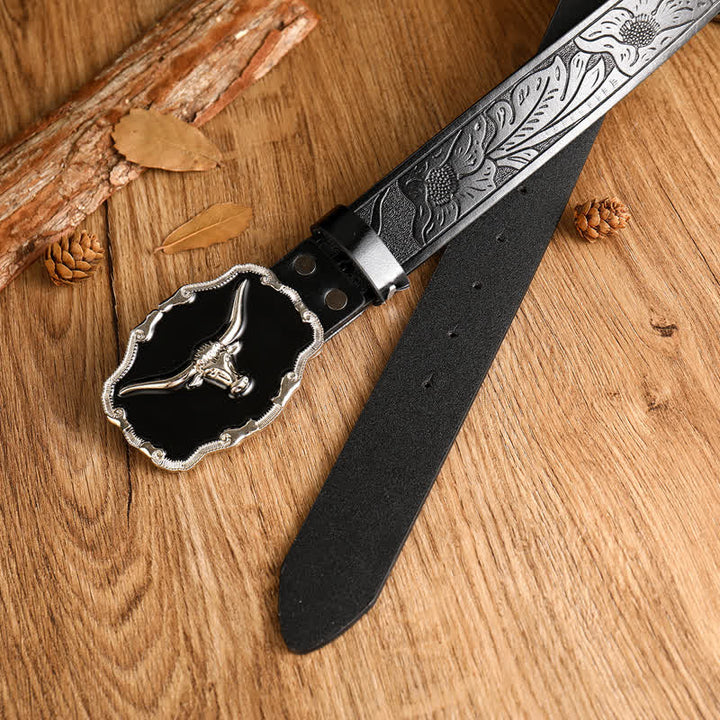 Cinturón de cuero con cabeza de toro de cuernos largos del oeste negro para hombre