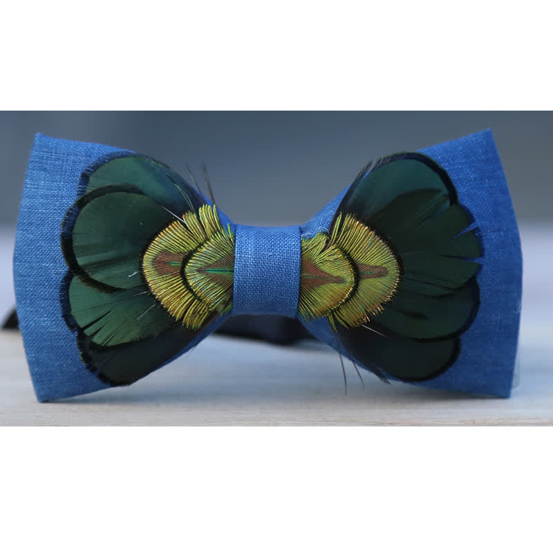 Pajarita de plumas de pavo real de lino verde oscuro y azul