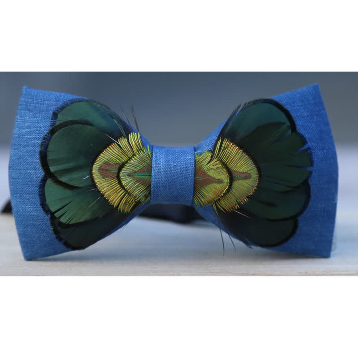 Pajarita de plumas de pavo real de lino verde oscuro y azul