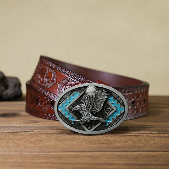Cinturón de cuero con hebilla de águila esmaltada para hombre, hecho a mano