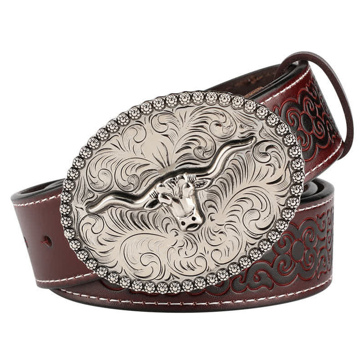 Cinturón de cuero para jeans con pluma grabada de toro para hombre