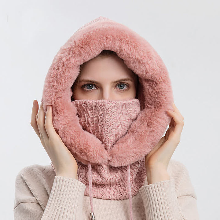 Gorro de punto con capucha y mascarilla de color caramelo para mujer