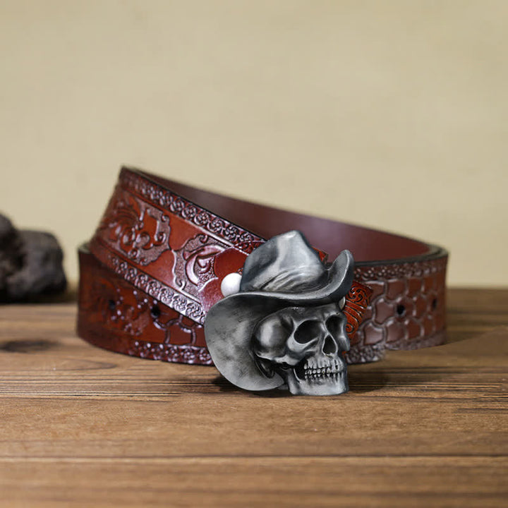 Cinturón de cuero con hebilla de sombrero y cabeza de calavera para hombre, hecho a mano