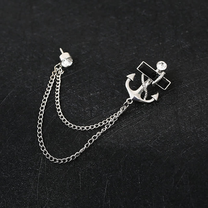 Broche de cadena con ancla y gemas negras para hombre