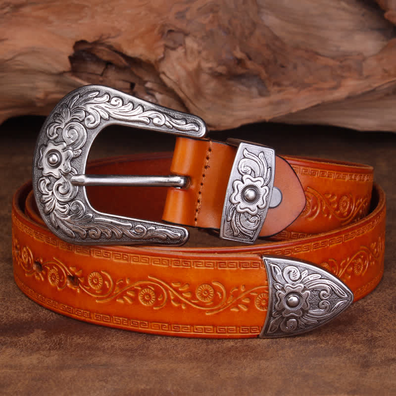 Cinturón unisex de piel con estampado de flores y textura rústica