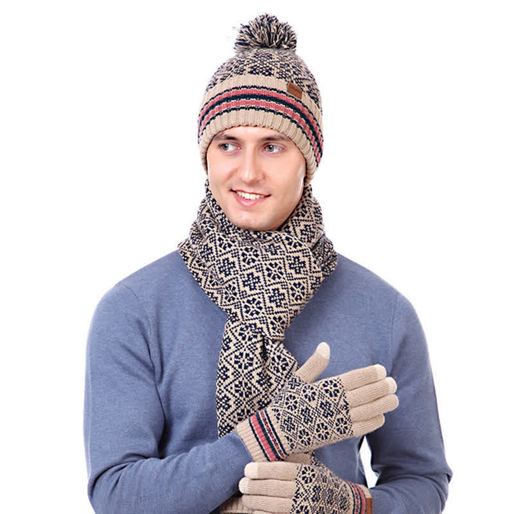 Juego de 3 guantes unisex con pantalla táctil, gorro y bufanda con copos de nieve