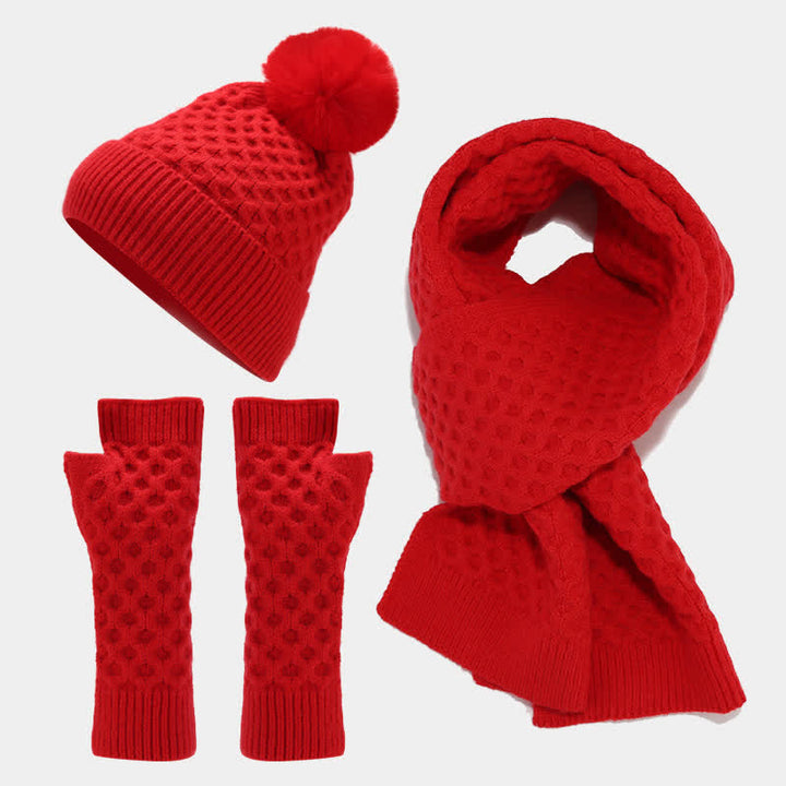 Conjunto de 3 guantes y gorro de punto cruzado para mujer