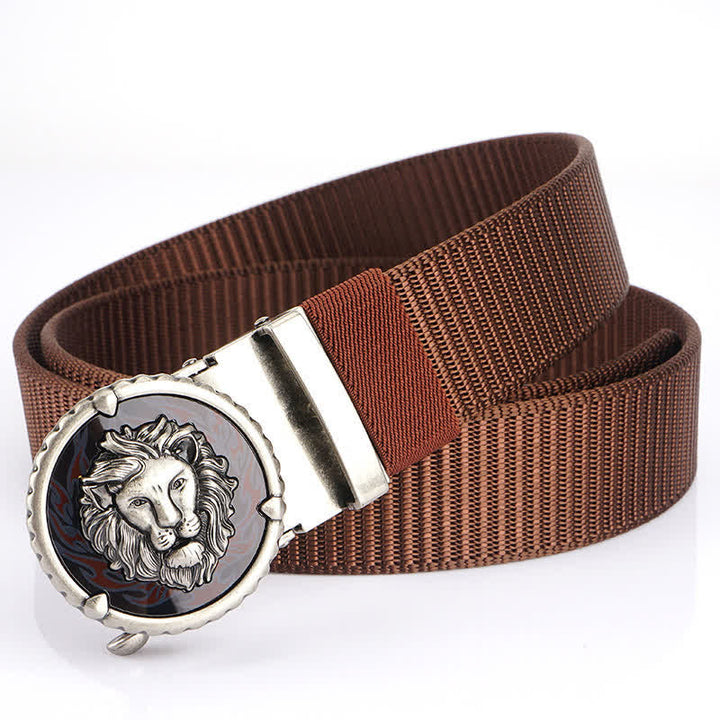 Cinturón de nailon práctico con estampado de cabeza de león para hombre - Marrón / Plata - 48" - image 20