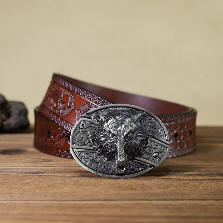 Cinturón de cuero con cuchillo plegable oculto con cabeza de lobo para hombre