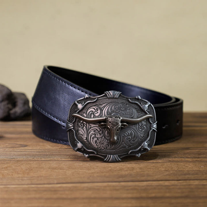 Cinturón de cuero con hebilla cuadrada de toro Longhorn plateado para hombre hecho a mano