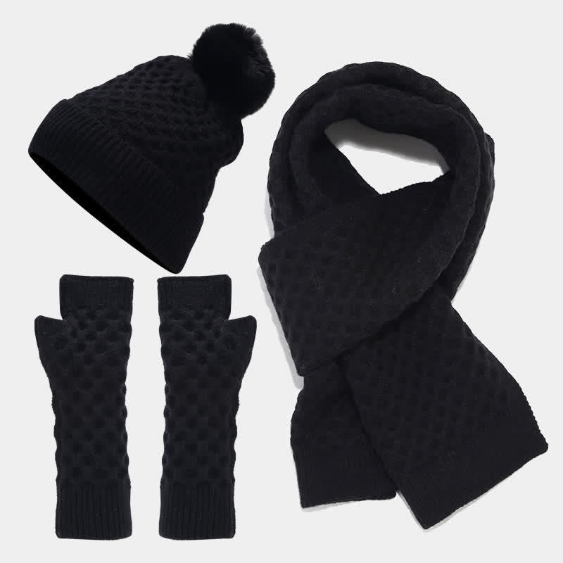 Conjunto de 3 guantes y gorro de punto cruzado para mujer