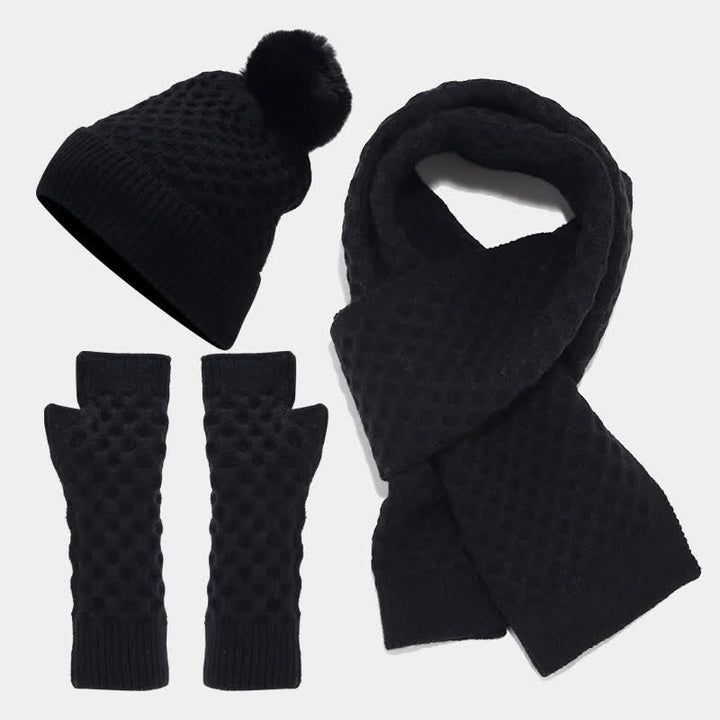 Conjunto de 3 guantes y gorro de punto cruzado para mujer