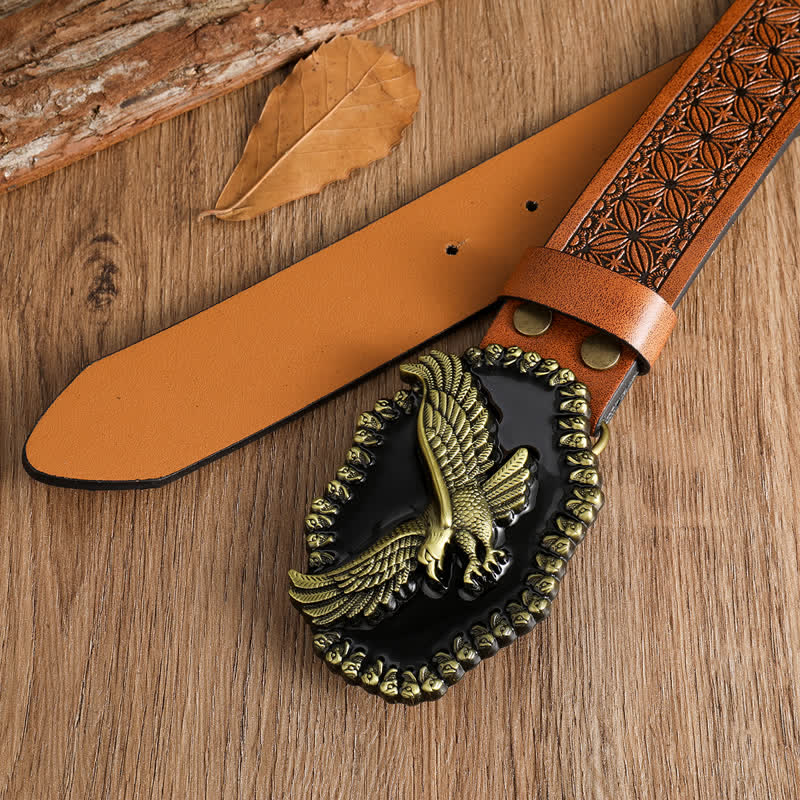 Cinturón de cuero con águila dorada antigua y halcón volador para hombre