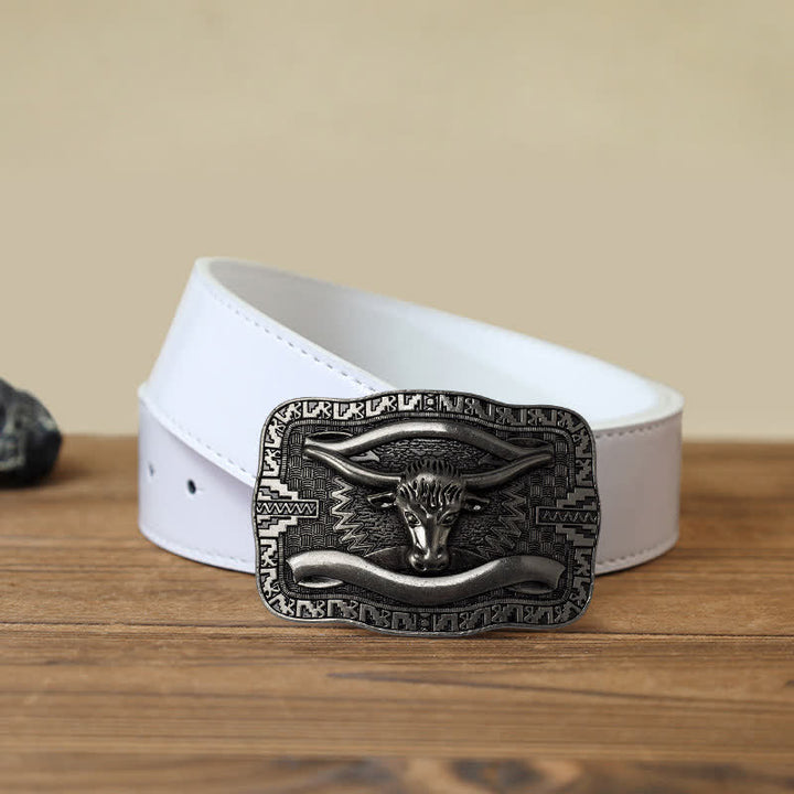 Cinturón de cuero con hebilla cuadrada de toro Longhorn para hombre, hecho a mano, en plata