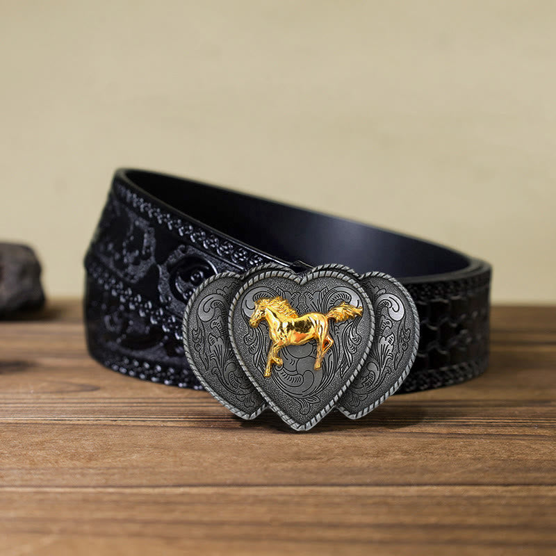 Cinturón de cuero con hebilla triple en forma de corazón y diseño de caballo para hombre