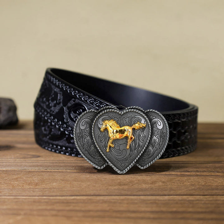 Cinturón de cuero con hebilla triple en forma de corazón y diseño de caballo para hombre