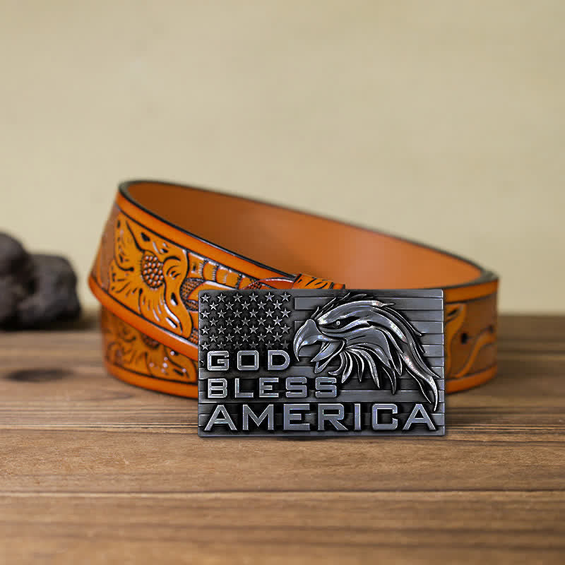 Cinturón de cuero con hebilla de águila God Bless America para hombre, hecho a mano