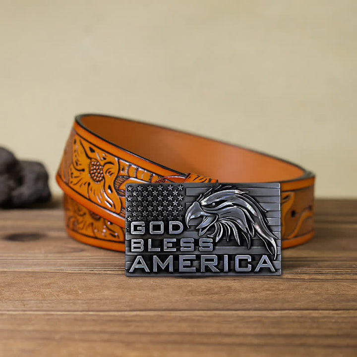 Cinturón de cuero con hebilla de águila God Bless America para hombre, hecho a mano