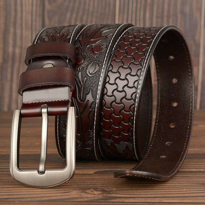 Cinturón de cuero con estampado floral en relieve para hombre