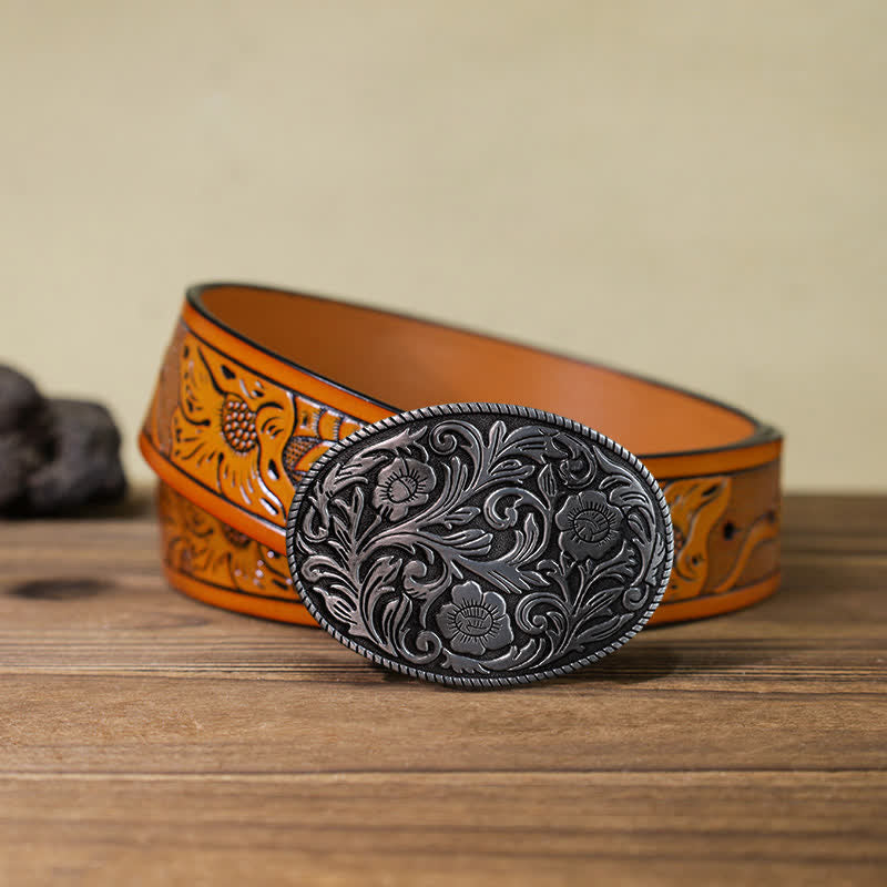 Cinturón de cuero con hebilla ovalada y diseño floral clásico para hombre hecho a mano