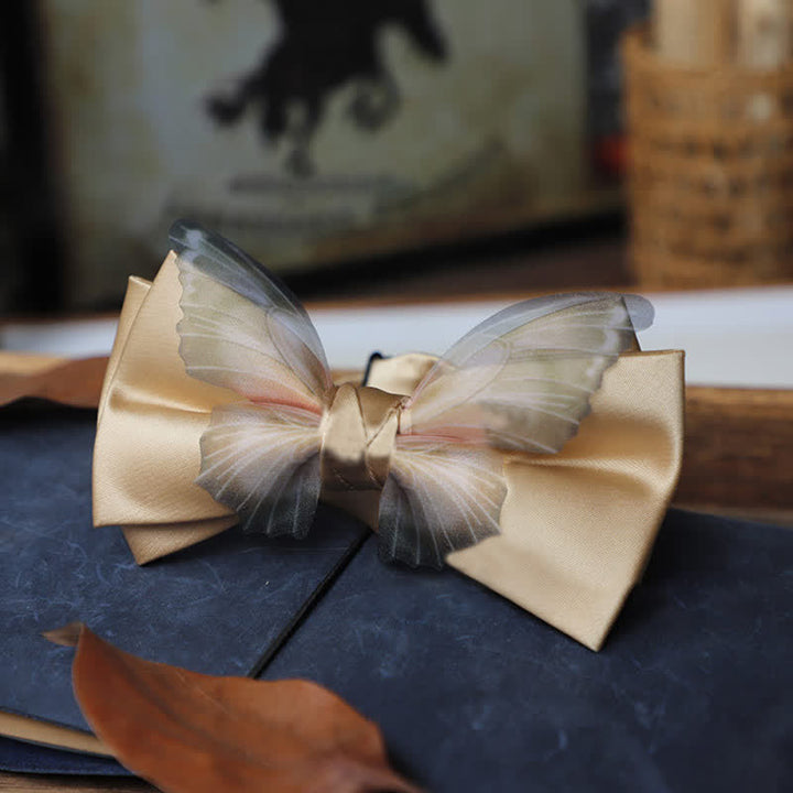 Conjunto de pajarita y pañuelo de bolsillo de organza vintage con mariposas para hombre