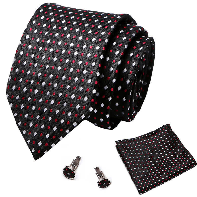 Conjunto de 3 corbatas negras con lunares rojos y cuadrados blancos para hombre