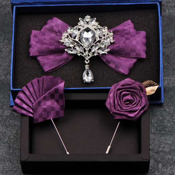 Juego de 3 broches y pajaritas con diamantes de imitación a cuadros