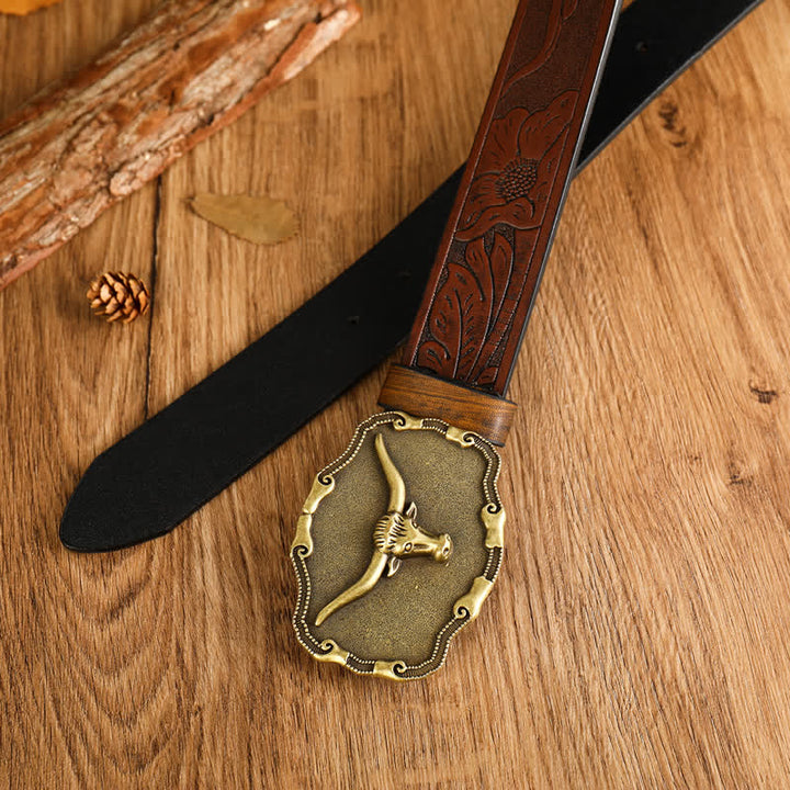 Cinturón de cuero de toro longhorn antiguo para hombre
