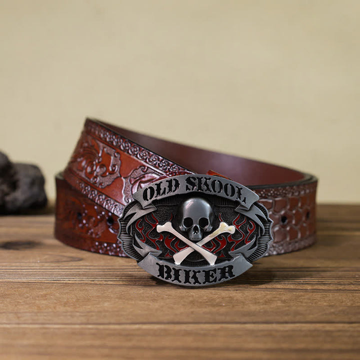 Cinturón de cuero con hebilla de calavera y huesos cruzados para hombre hecho a mano