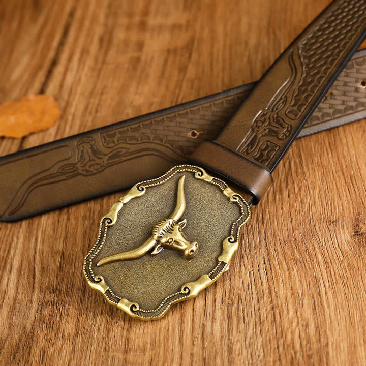 Cinturón de cuero de toro longhorn antiguo para hombre