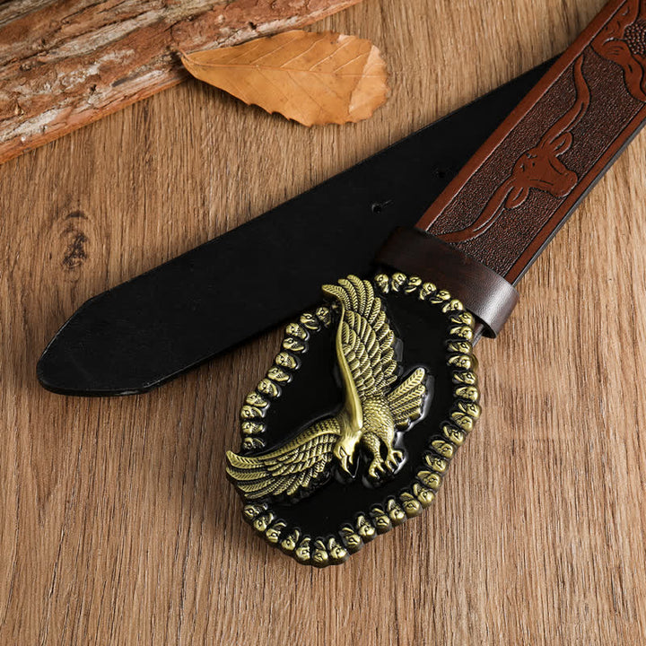 Cinturón de cuero con águila dorada antigua y halcón volador para hombre