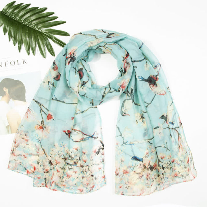 Bufanda ligera con estampado de pájaros y flores para mujer