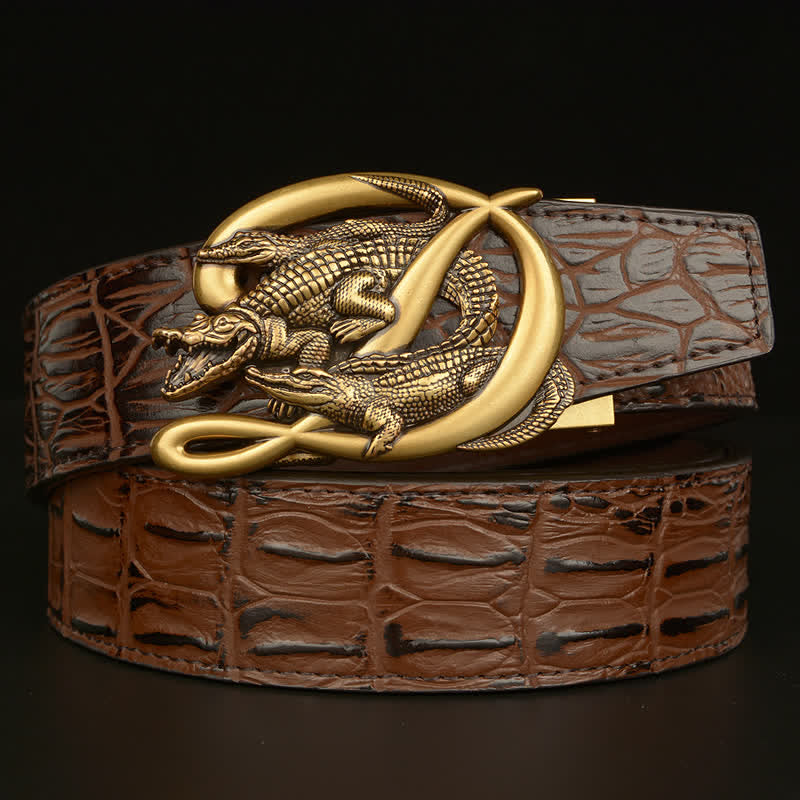 Cinturón de piel con estampado de cocodrilo y hebilla de cocodrilo para hombre