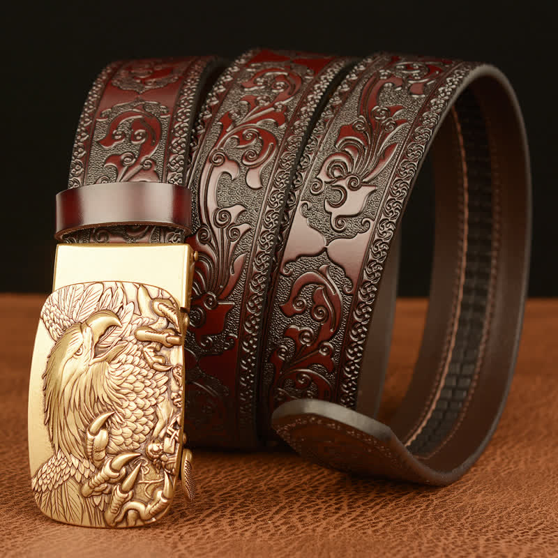 Cinturón de cuero genuino con relieve y hebilla de águila para hombre