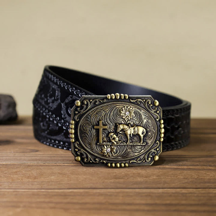 Cinturón de cuero con hebilla de oración de rodillas con cruz de caballo para hombre hecho a mano