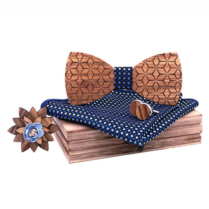 Juego de 4 pajaritas de madera con tallado geométrico para hombre