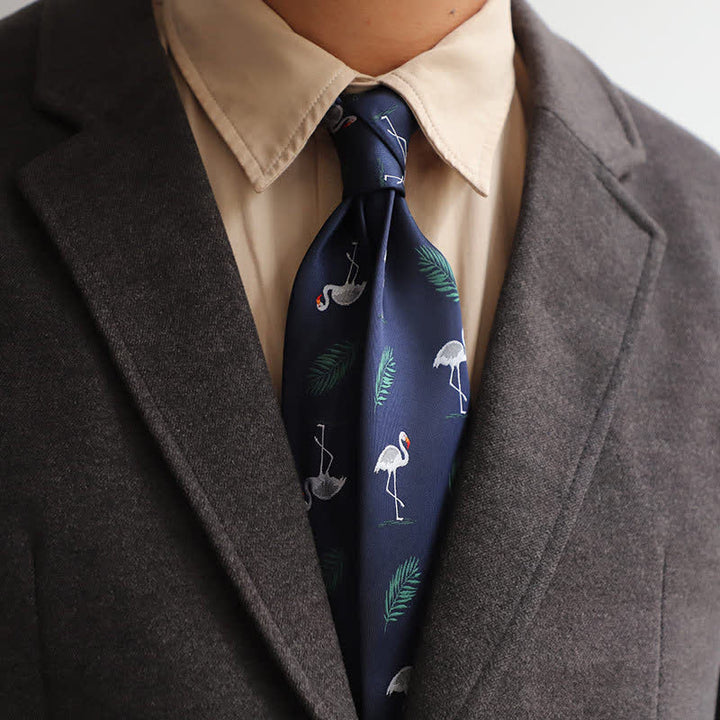Corbata de hombre estilo tropical azul marino con diseño de flamenco