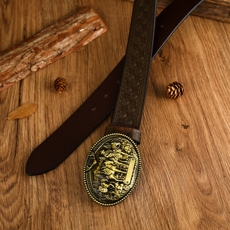 Cinturón de cuero con hebilla geométrica y diseño de caballo para hombre