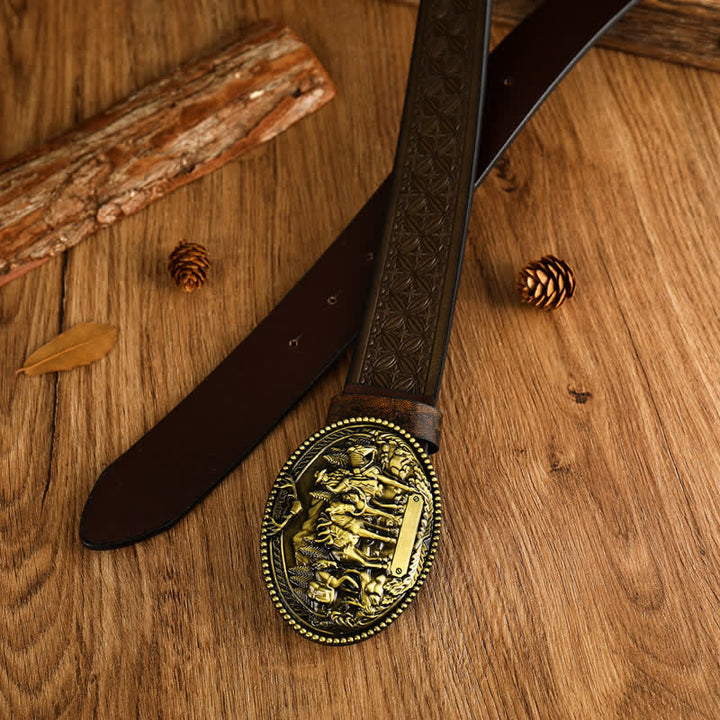 Cinturón de cuero con hebilla geométrica y diseño de caballo para hombre