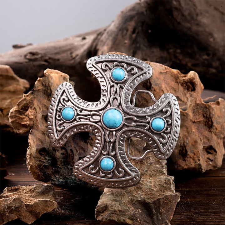Cinturón de cuero con hebilla de cruz de piedra turquesa retro para hombre hecho a mano