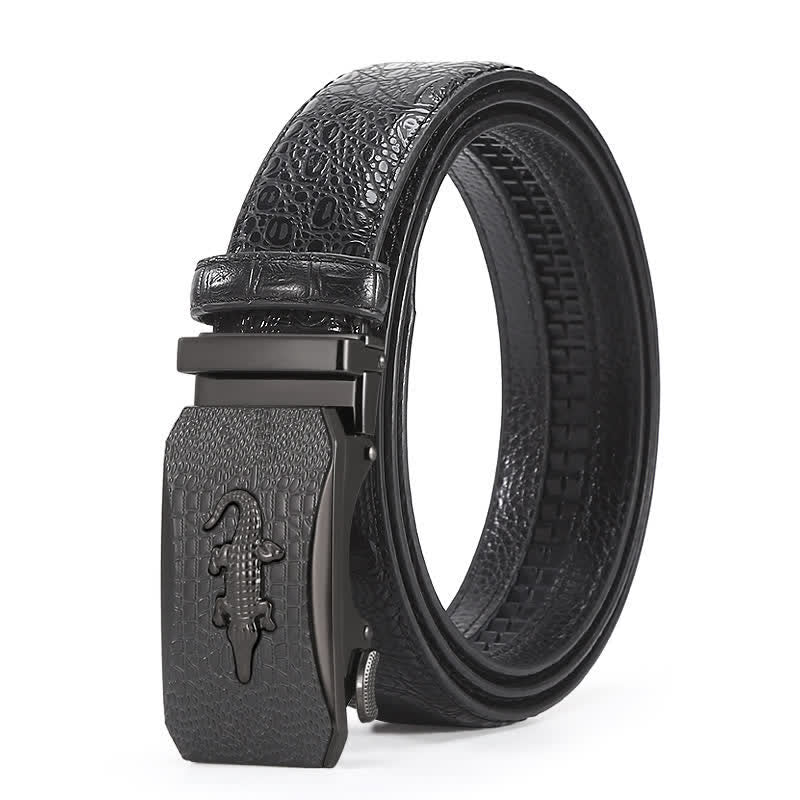 Cinturón de cuero con trinquete y hebilla con relieve de cocodrilo para hombre