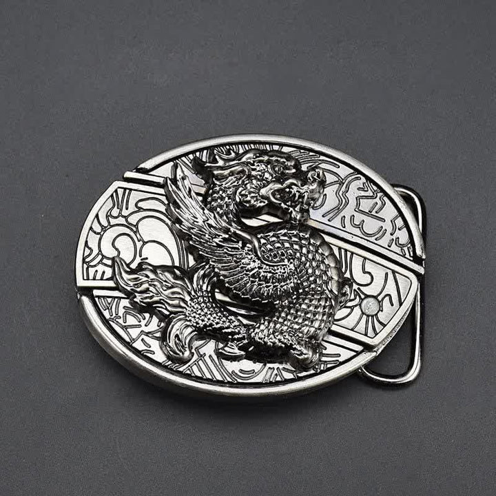 Cinturón de cuero con diseño de dragón volador para hombre con navaja plegable