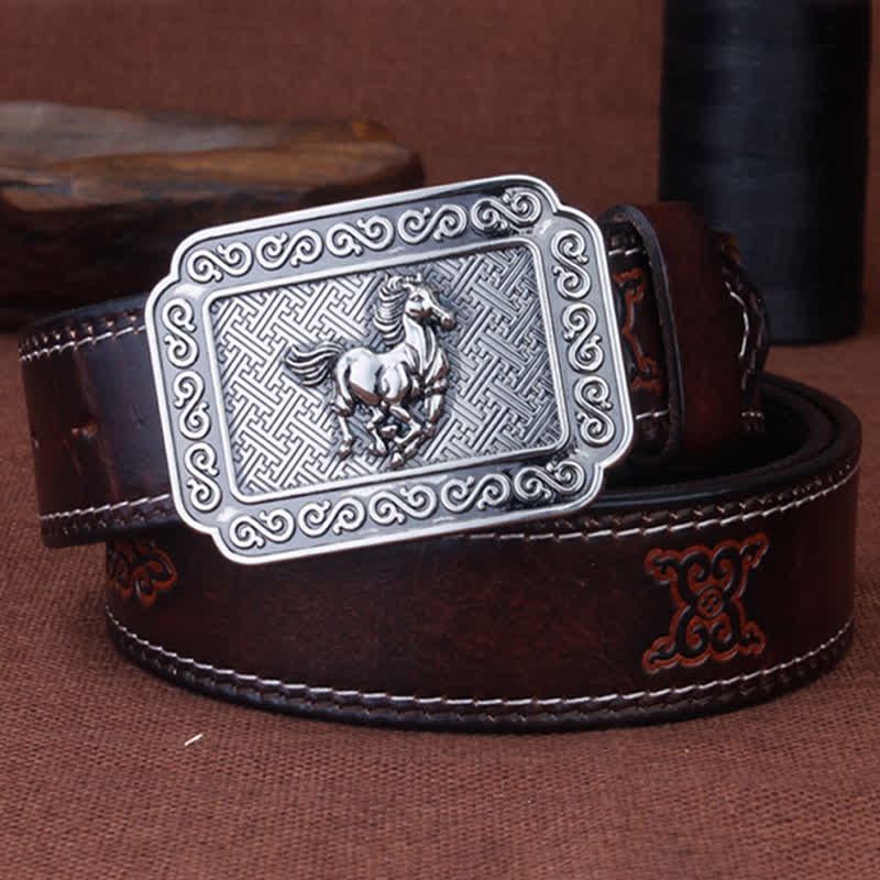 Cinturón de cuero de caballo plateado estilo vaquero étnico para hombre