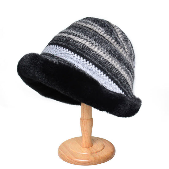Sombrero de pescador con ala de felpa cálida y rayas para mujer