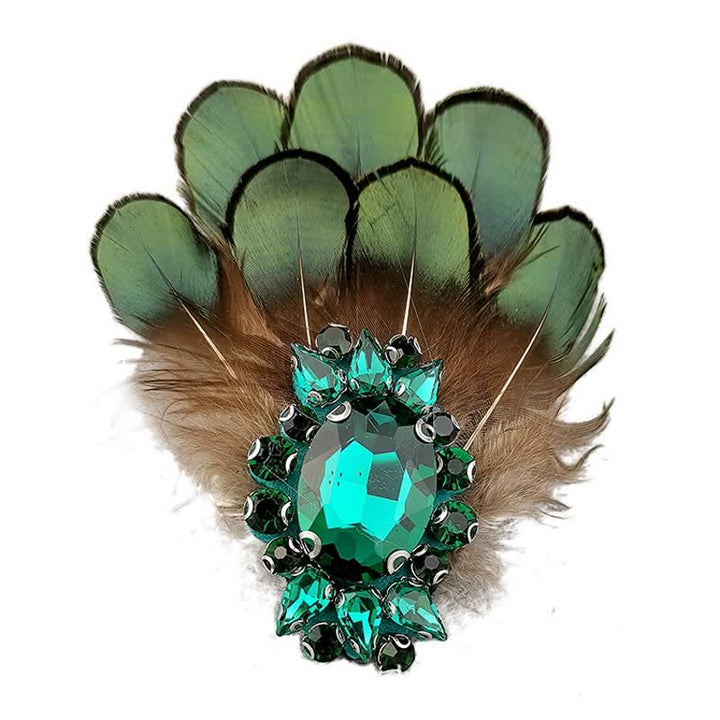 Broche de plumas de cristal verde oscuro para mujer