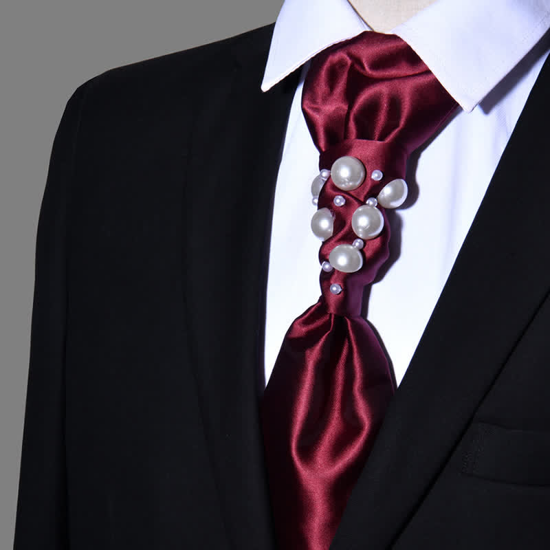 Corbata de boda con perlas de estilo vintage para hombre - borgoña - image 0