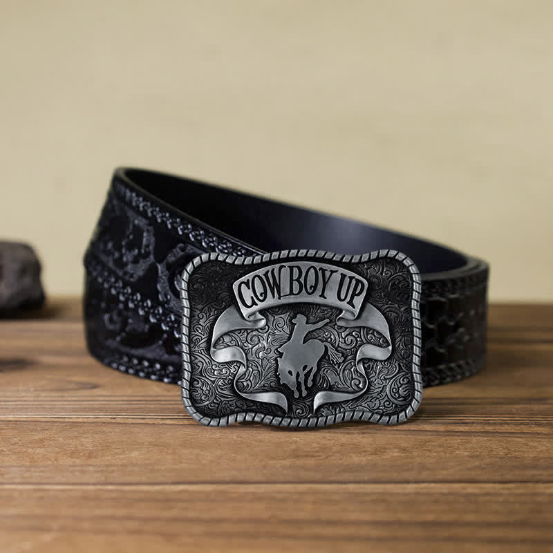 Cinturón de cuero con hebilla de caballo de rodeo para hombre, hecho a mano, con diseño de vaquero