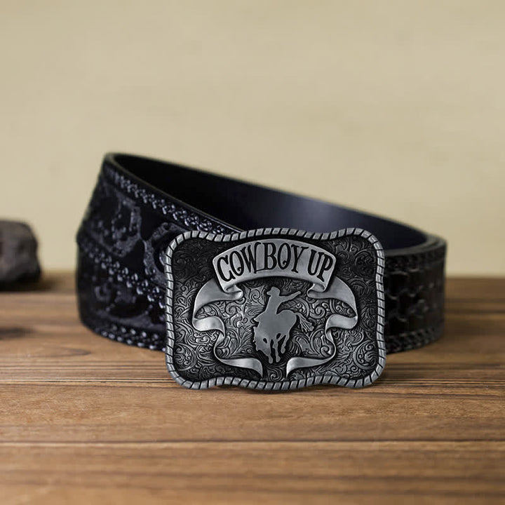 Cinturón de cuero con hebilla de caballo de rodeo para hombre, hecho a mano, con diseño de vaquero