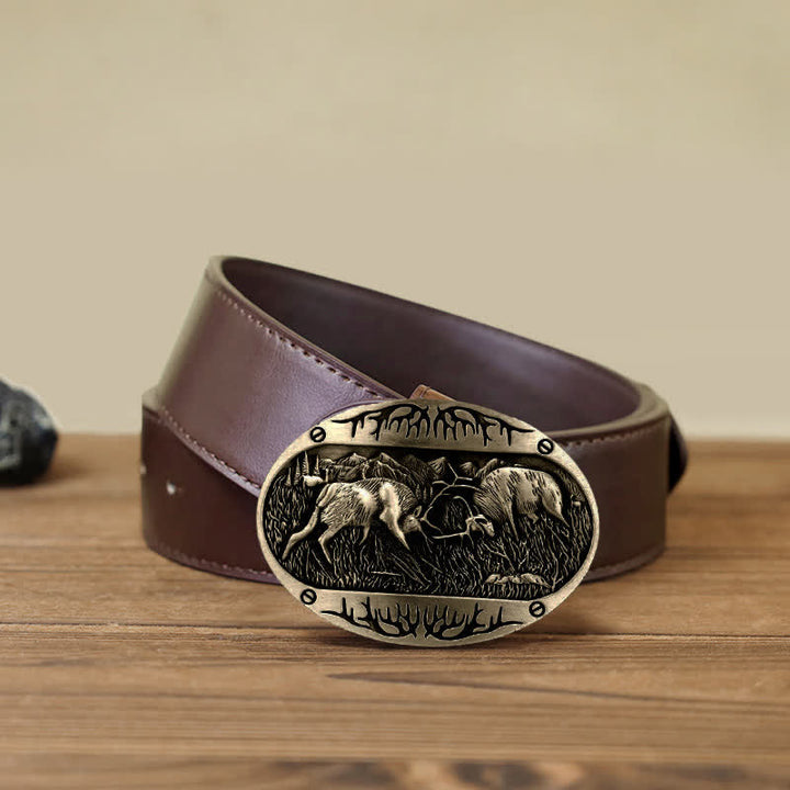 Cinturón de cuero estilo western con hebilla de ciervo salvaje para hombre, hecho a mano